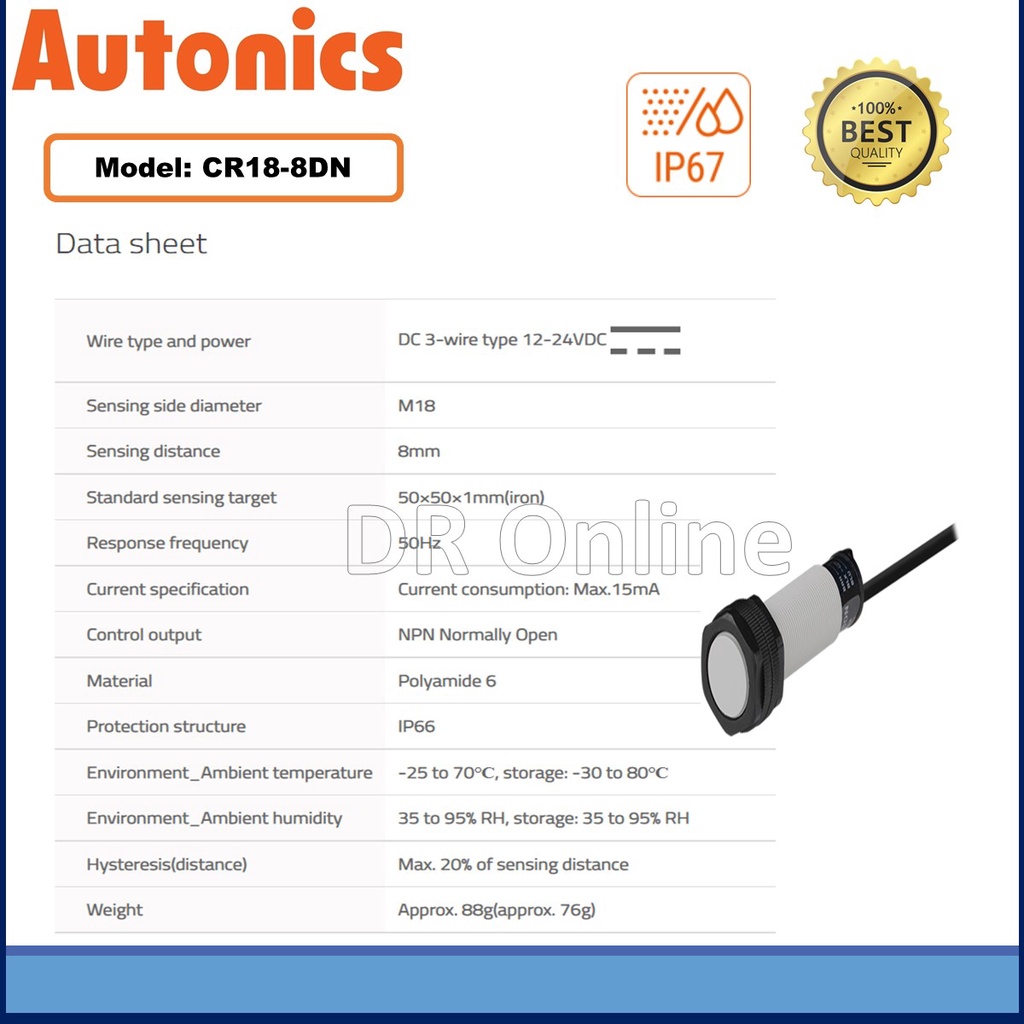 Autonics Proximity Sensor CR18-8DN M18 Sensing8mm DC3 WIRE NPN NO 12 ...