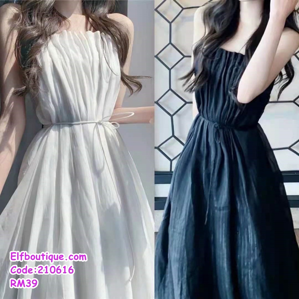 READY STOCK Woman Sleeveless Slim Fit Ribbon Tie Waist Maxi Dress White ...