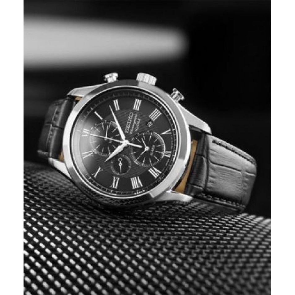 Seiko Gents SNAF71P1 Alarm Chronograph 100m Black Dial Black Leather Strap Watch