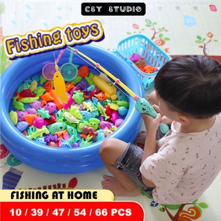 Fishing Toy for Kids with 60cm big pool 66pcs Mainan Pancing Ikan Kolam  Mainan Pretend Play Magnetic Fishing Game