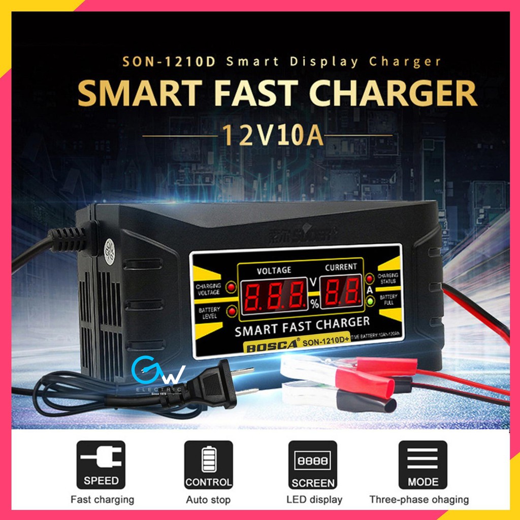 SUOER SON-1210D+ 12V 10A Smart Fast Lead-acid Battery Charger For Car  Motorcycle LCD 110V - 240V