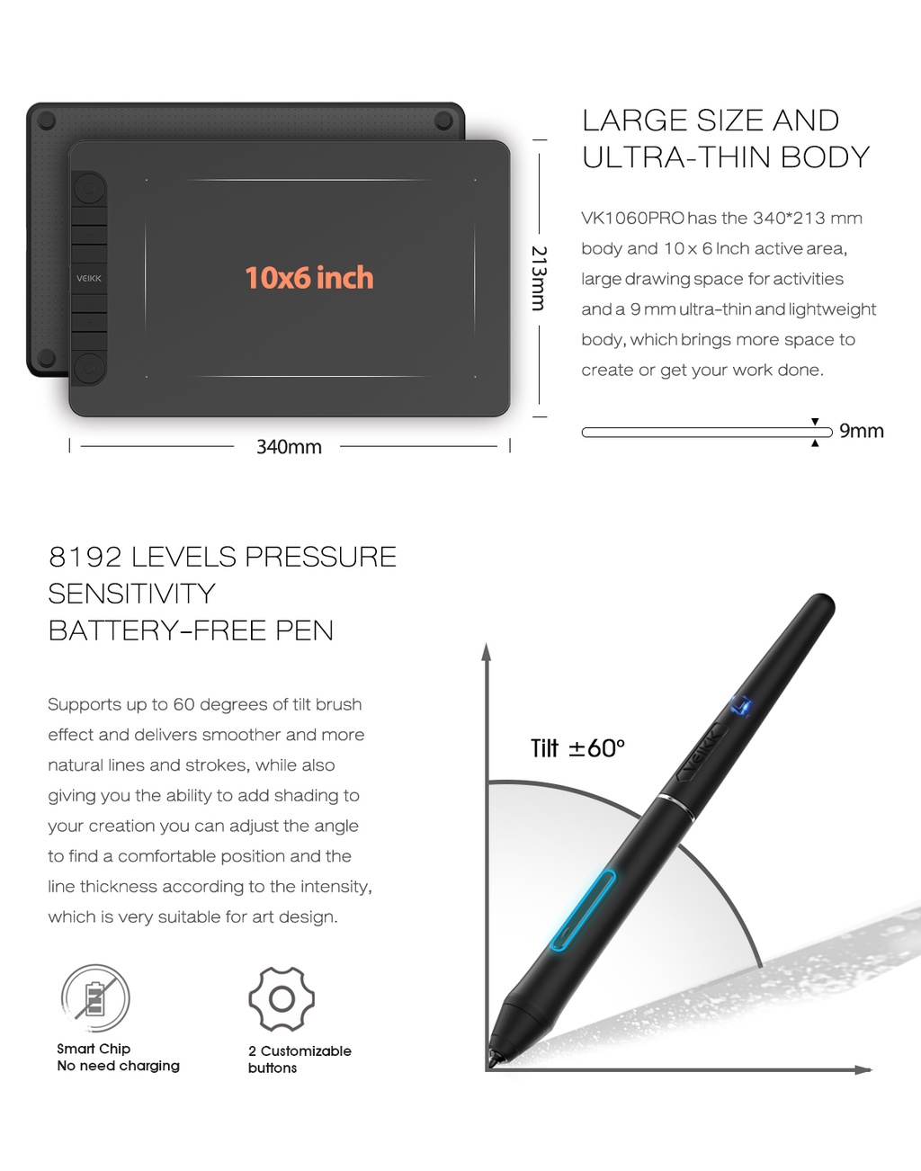 VEIKK VK1060PRO Digital Pen Tablet 10x6 inch Drawing Tablet with Tilt