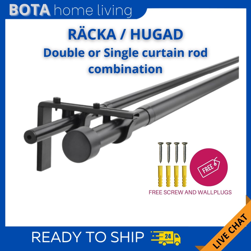 𝗦𝗘𝗧 𝗟𝗘𝗡𝗚𝗞𝗔𝗣 IKEA HUGAD RACKA Double Or Single Layer Curtain Rod Set Batang Kayu Rail Langsir Dua