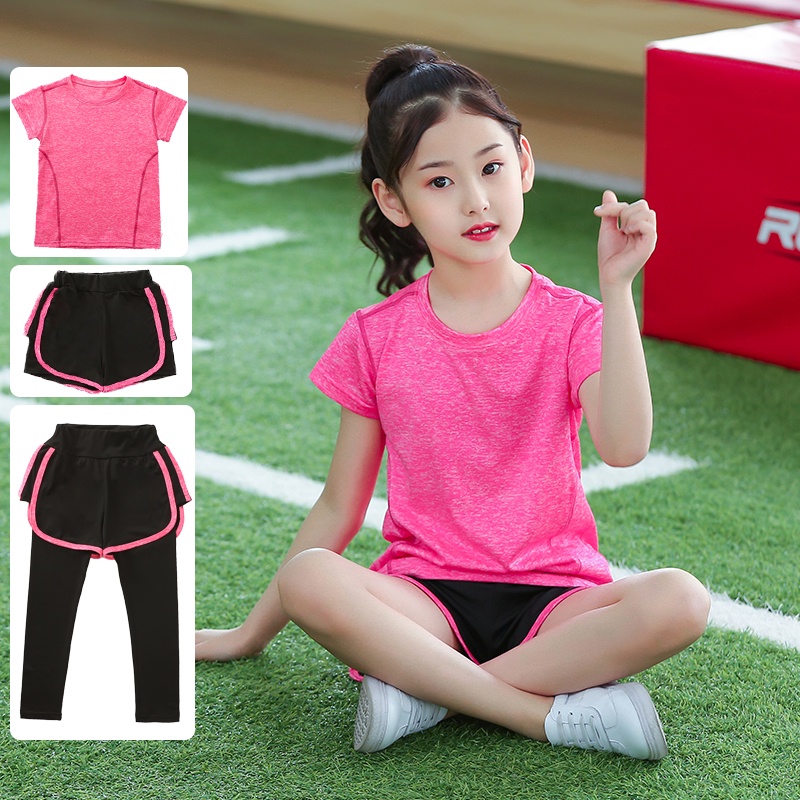 ☆Children's Tights Fitness Running Sports Suit Summer Children and Teens  Short Sleeve Quick Drying Clothes Girls' Yoga T