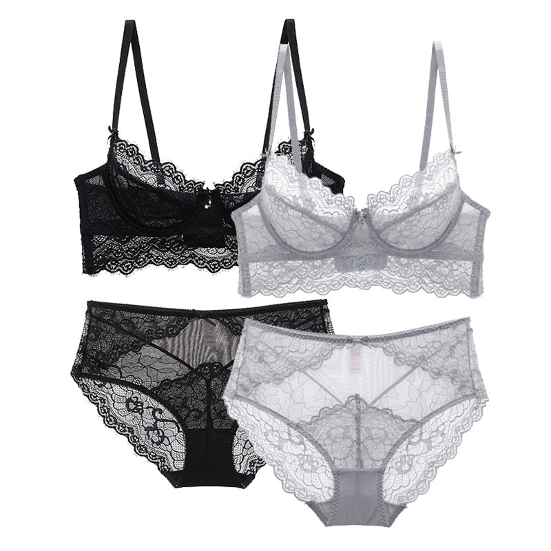 Fashion Embroidery See Through Bras Women's Underwear Sets Sexy Lingerie  Underwire Ultra Thin No Sponge Cup Ladies Transparent Bra And Panties Set  Wired Comfort Push Up Plus Size Girl Lace Brassiere Grey