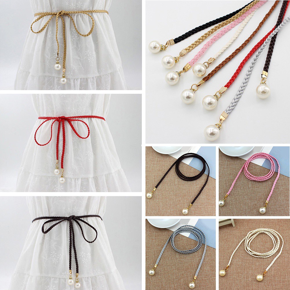 Women Style Candy Color Waist Chain Hemp Rope Braided Big Pearl Dress ...