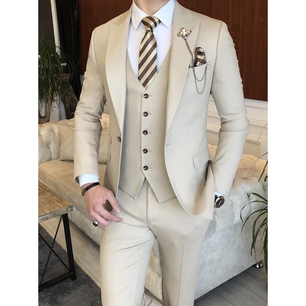 Men's Suit Beige 3 Pieces Slim Fit Formal Prom Party Dinner Groom