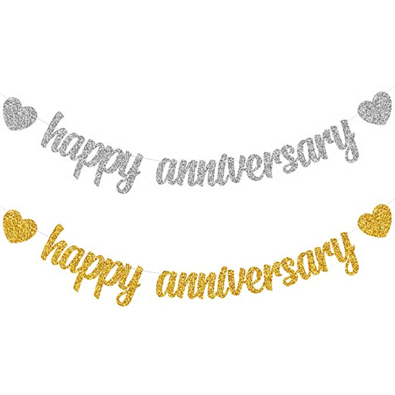 Happy Anniversary Banner Gold Glitter Heart Bunting Banner for Wedding ...