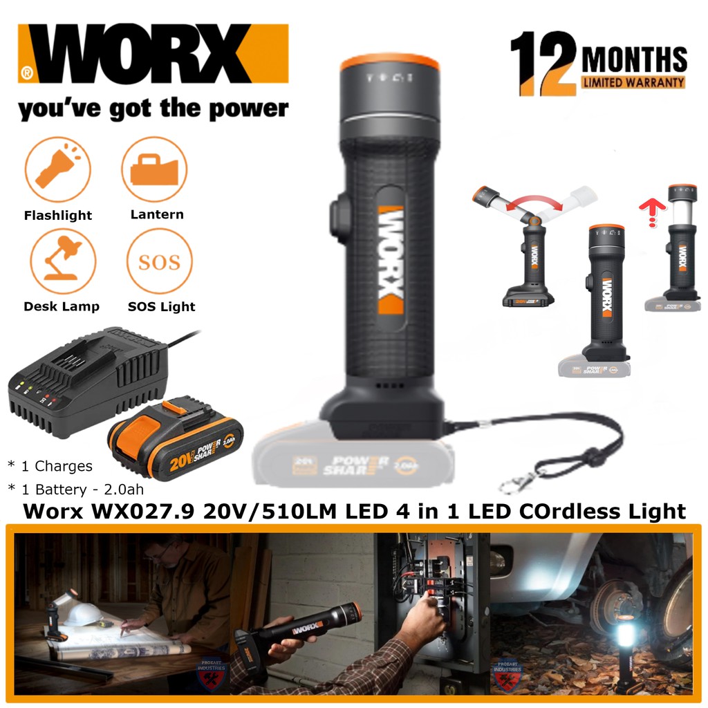 Worx WX027 20V 510LM LED 4 in 1 Flash Light Outdoor house hold