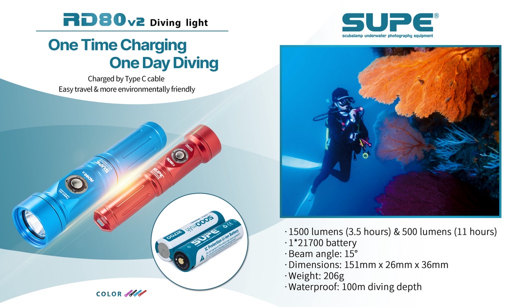 SUPE RD80v2 Dive Torch 1500 Lumen Scubalamp 15 Degree Narrow Beam Video ...