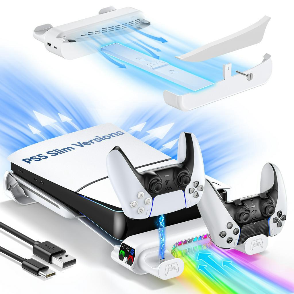 Horizontal Stand with Cooling Fan for PS5 Slim,PS5 Controller Charger for PS5 Slim Disc