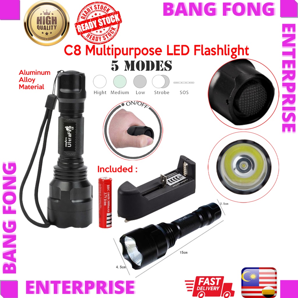 UltraFire C8 CREE XM-L6 LED 1000 lumen18650 LED Flashlight | Shopee ...