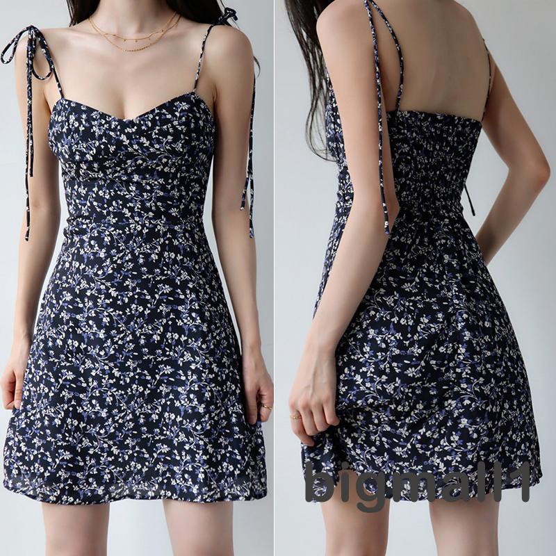 (bimall1)-Women A-line Slim-fit Backless Sleeveless Floral Print V-neck ...