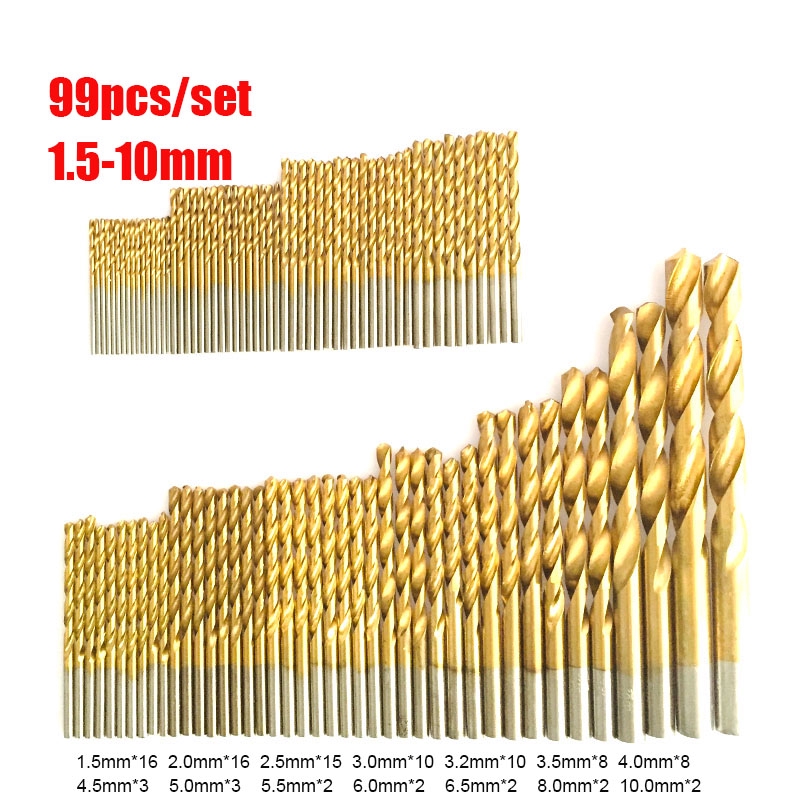 99Pcs Titanium Coated Twist Drill Bit HSS High Speed Steel Drill Bits ...
