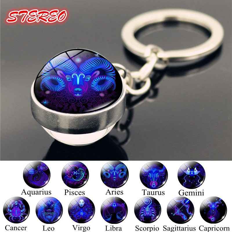 12 Constellation Keychain Crystal Ornaments Double-sided Glass Ball ...