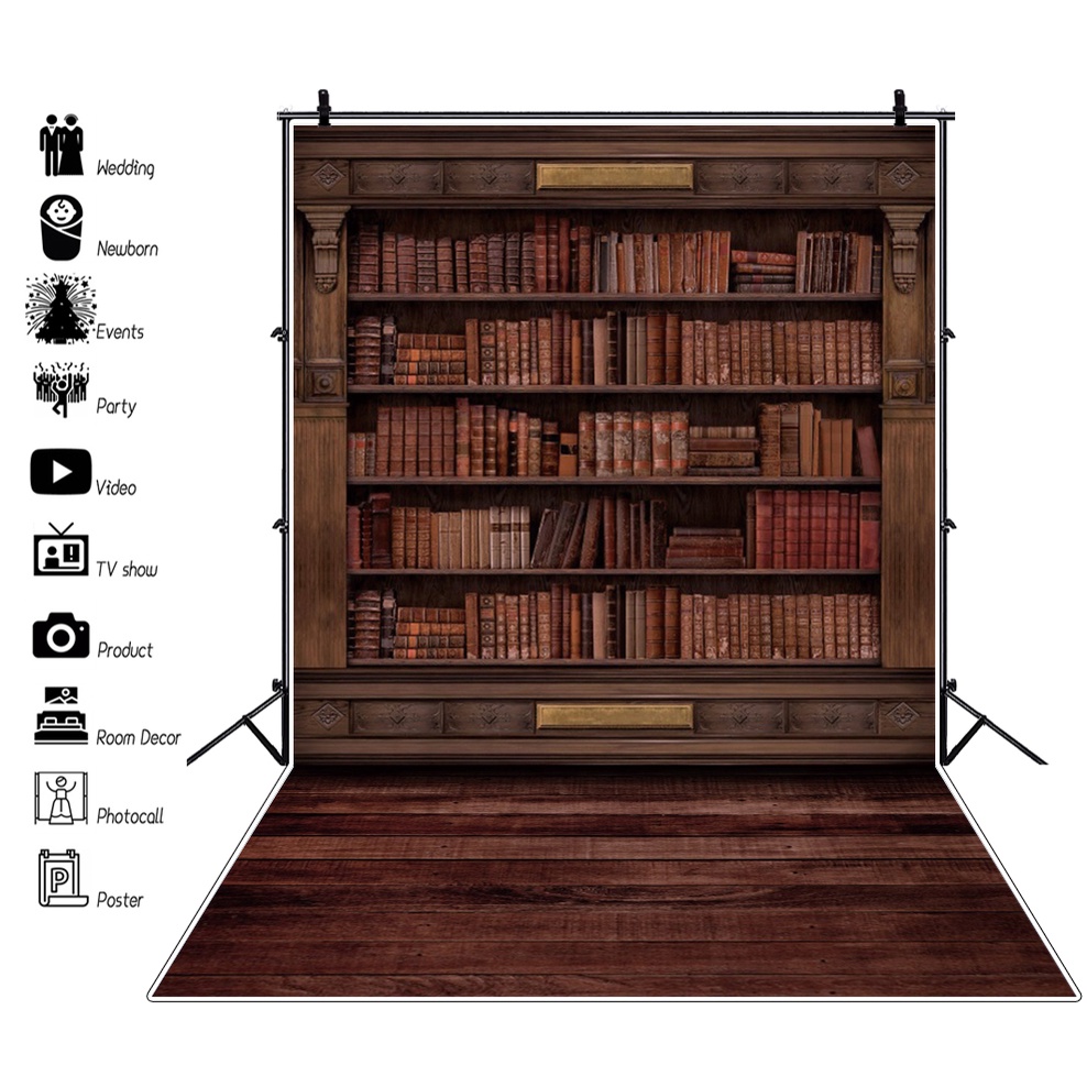 Vintage Wood Library Bookshelf Backdrop Graduation Back to School Party