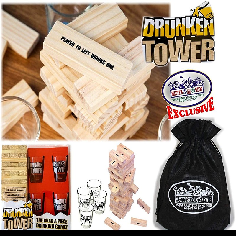 Homeware Deluxe Drunken Tower The Grab a Piece Drinking Game with  Exclusive Matty's Toy Stop Storage Bag