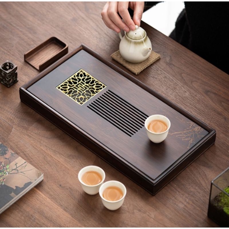 Rectangular wooden tea tray with copper base (Japanese tea ceremony ...
