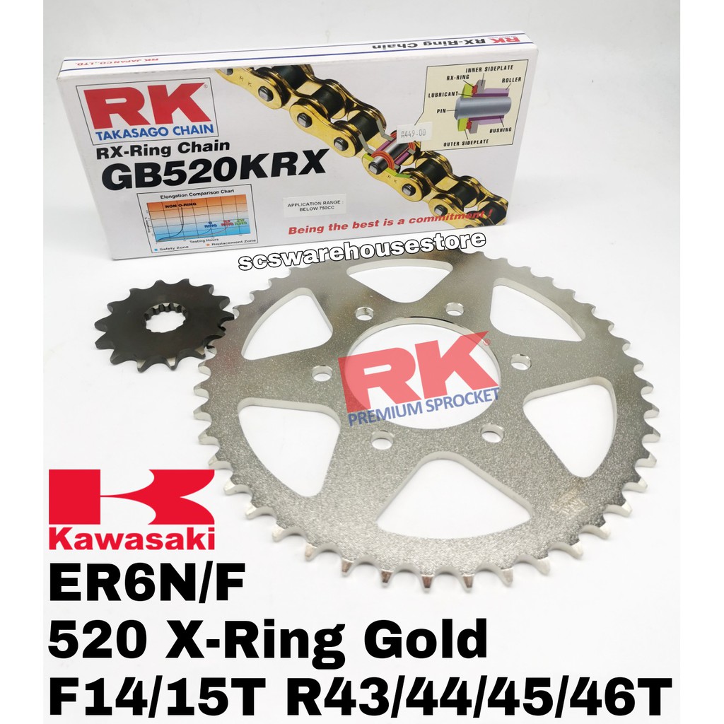 RK Sprocket Set Kawasaki ER6N ER6F RK 520 KRX XRing Black / Gold Chain