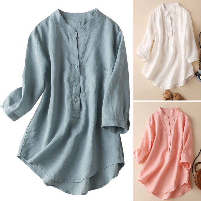 Women Blouse Plus Size Loose 3/4 Long Sleeve Linen Tunic Blouse Casual  Breathable