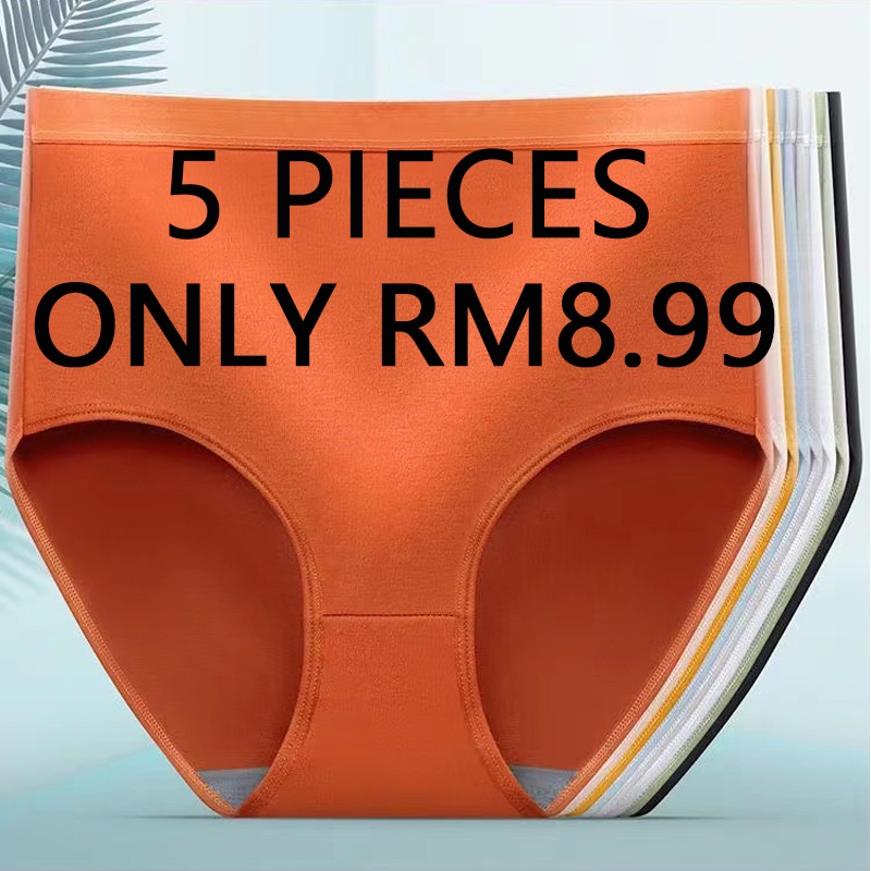 [KL Ready Stock] 5PCS Cotton Women High Waist Panties Elastic Soft Plus Size Breathable