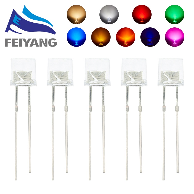 100pcs 5mm Flat Top Led White Red Pink Yellow Blue Wide Angle Light ...