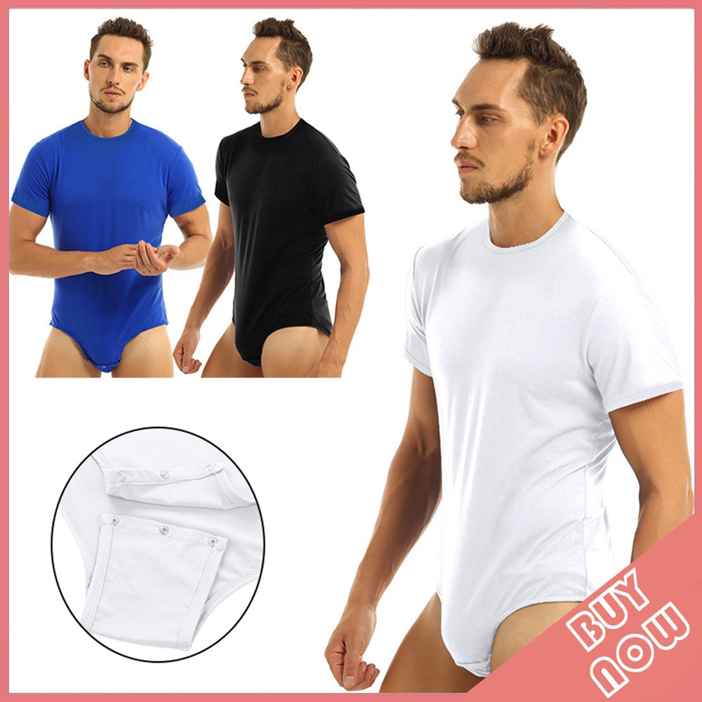 Men Adults One Piece Lingerie Round Neck Short Sleeves Press Crotch T-shirt  Bodysuit Romper Pajamas