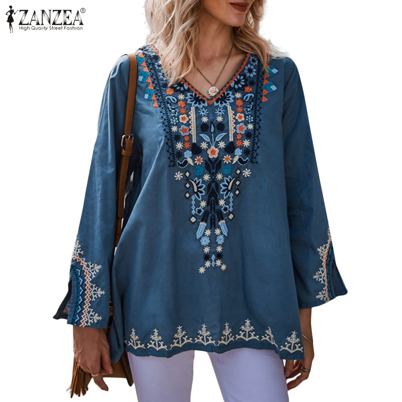 Zanzea Women V Neck Long Sleeve Ethnic Printed Casual Blouse Shopee Malaysia 0069