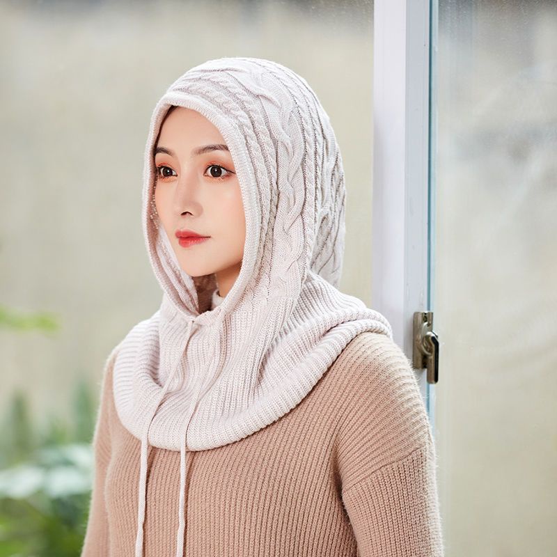 Hijab Bawal Tudung Hat Bib One Piece Women Thickened Knitted Ear Protection Collar Hooded Scarf 0592