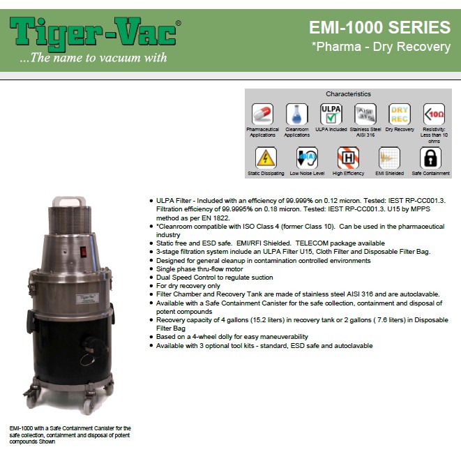 TigerVac ULPA Vacuum Cleaner Model EMI1000 Industrial Vacuum