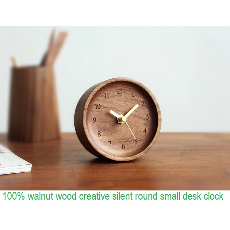Solid Wood Silent Table Clock, Office Table Wooden Round Desk Clock