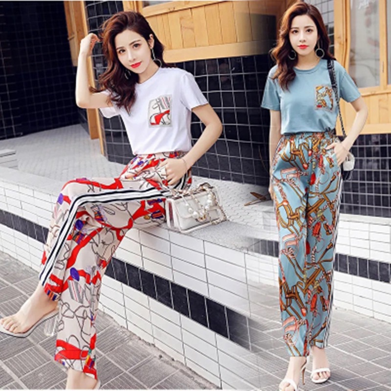 Fashion Women Casual Set Wear Tshirt Pant Set Summer T shirt Korean Printing Loose Wide Leg Pants Two Piece Sports Suit Shopee Malaysia