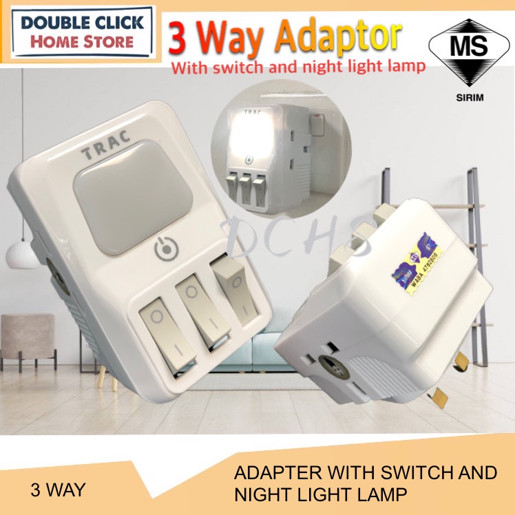(3 in 1) 3 Way Adapter With Switch Night Light 3 Brightness Mode 3 Pin ...