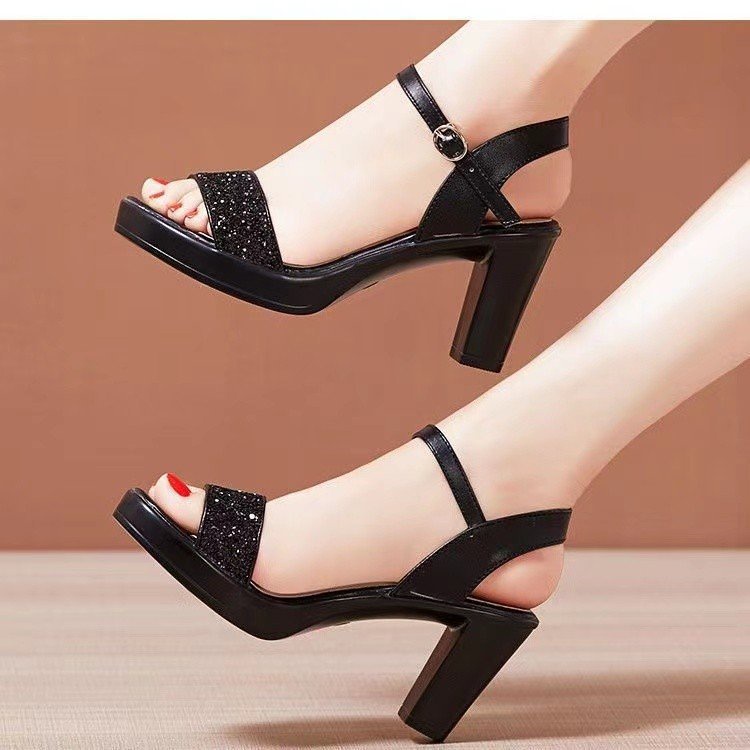 shoesking Flat Buckle Strap High Heel Sandals Horse Women Thick Heels