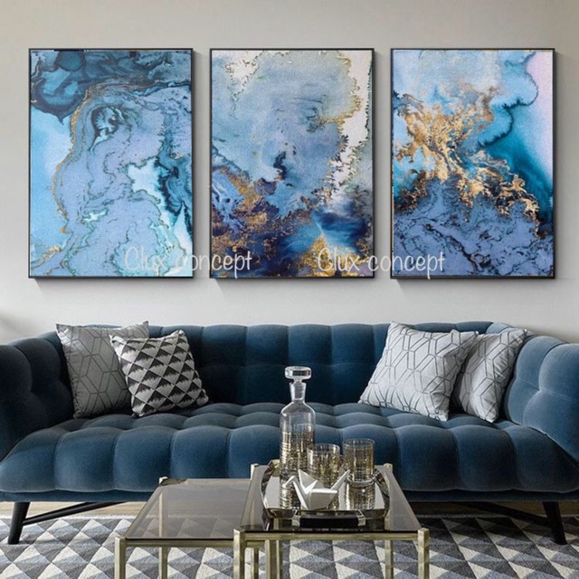 (Set of 3 with framed) Blue & gold abstract art wall decor canvas ...
