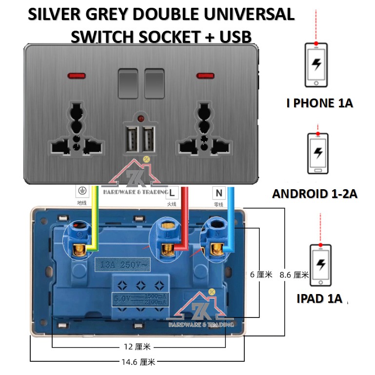 HIGH QUALITY SILVER GREY UNIVERSAL DOUBLE SWITCH SOCKET USB DUAL PLUG ...