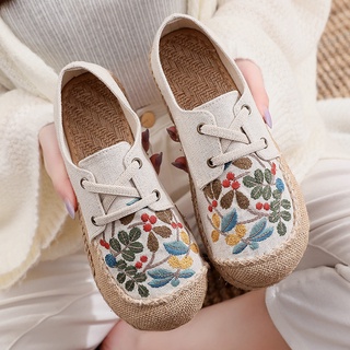 Womens Embroidery Flower Lace-Up Sneakers Flats Casual Denim Canvas Board  Shoes