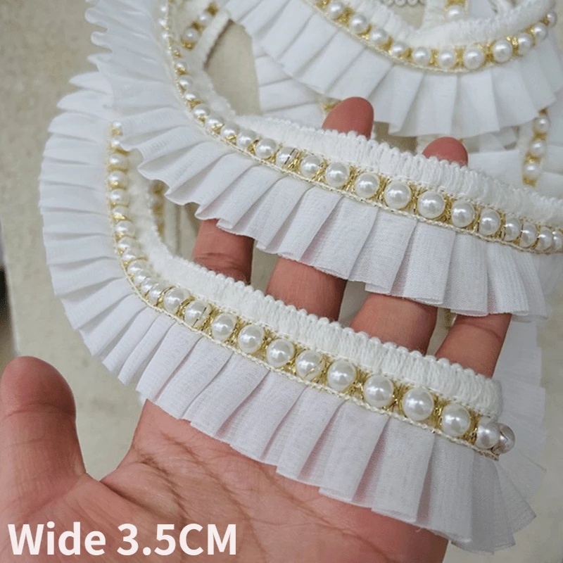 3.5CM Wide White Chiffon Pleats Wed Lace Fabric Needlework Ribbon
