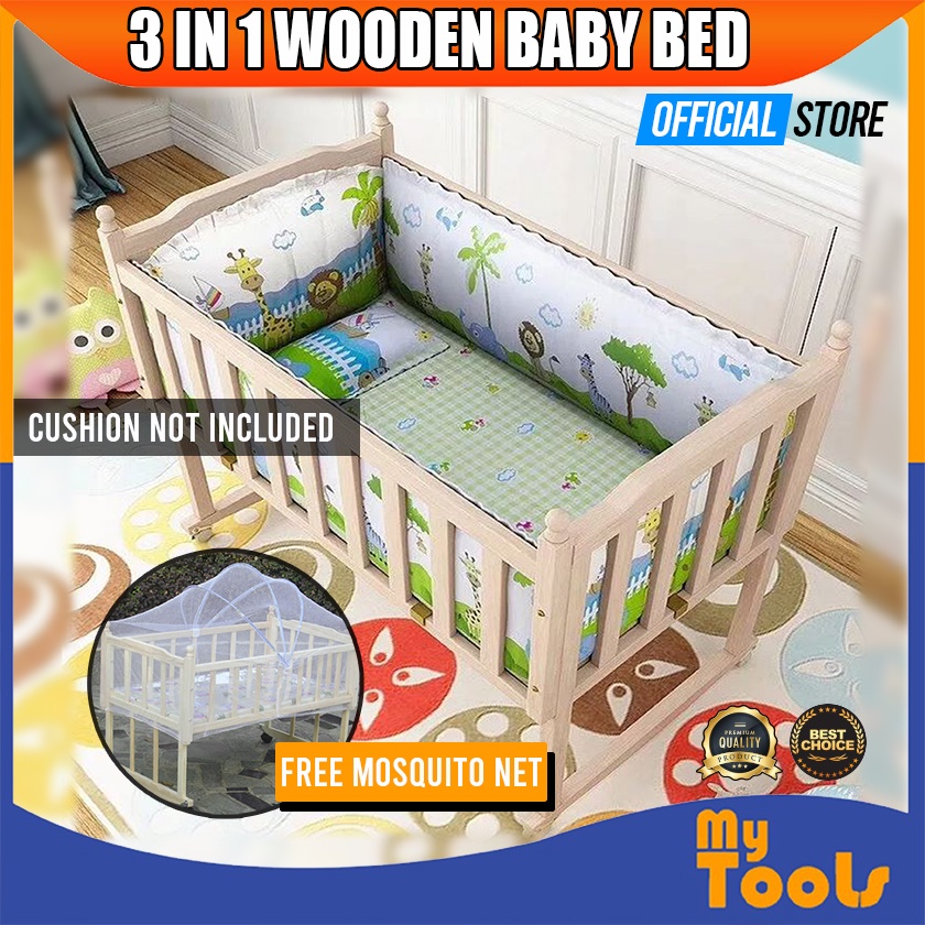 Mytools Solid Natural Wooden Baby Bed Rocking Cradle Cots with Wheels + Mosquito Net + Net Stand
