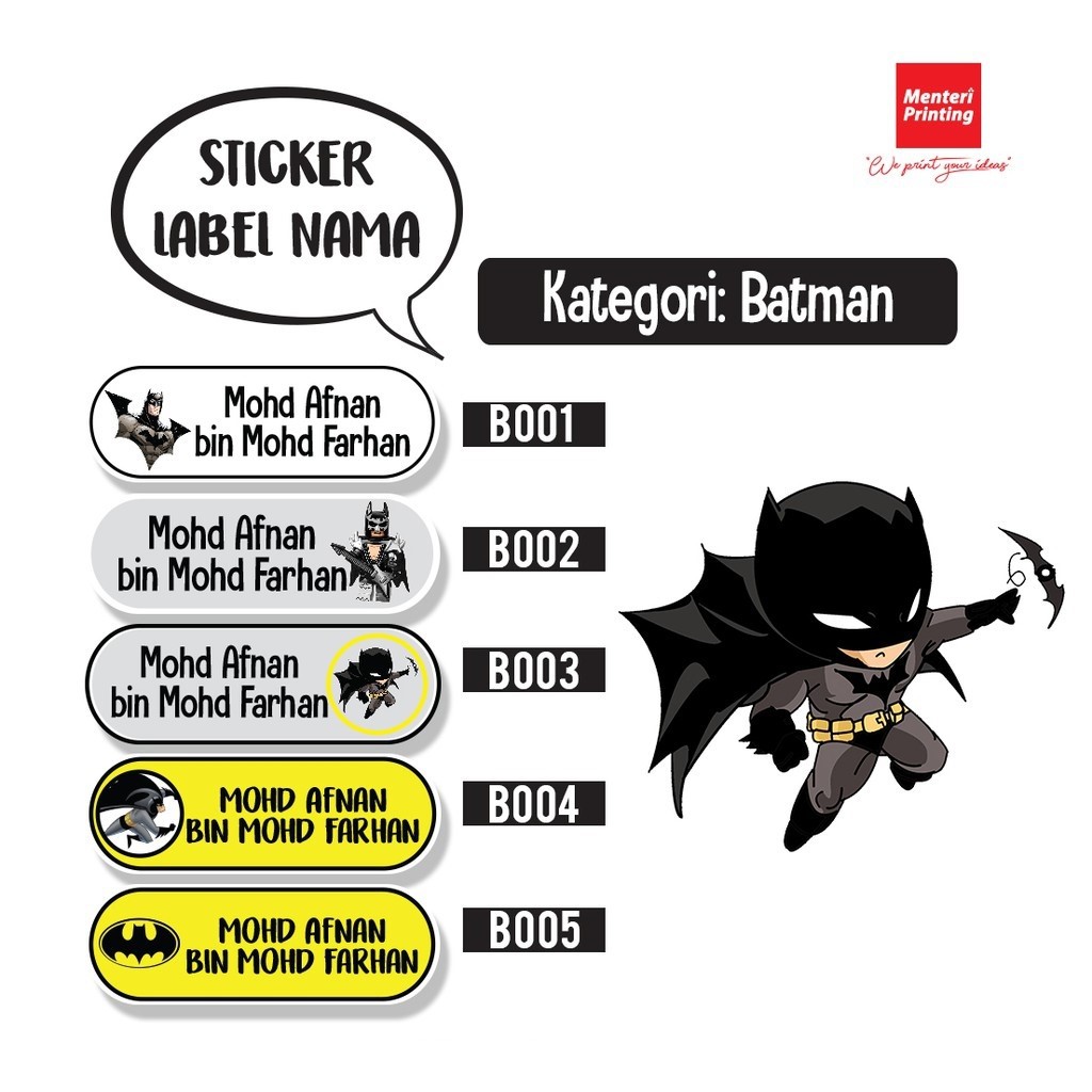 [100PCS] STIKER NAMA BATMAN / BATMAN NAME STICKER LABEL BARANG SEKOLAH ...