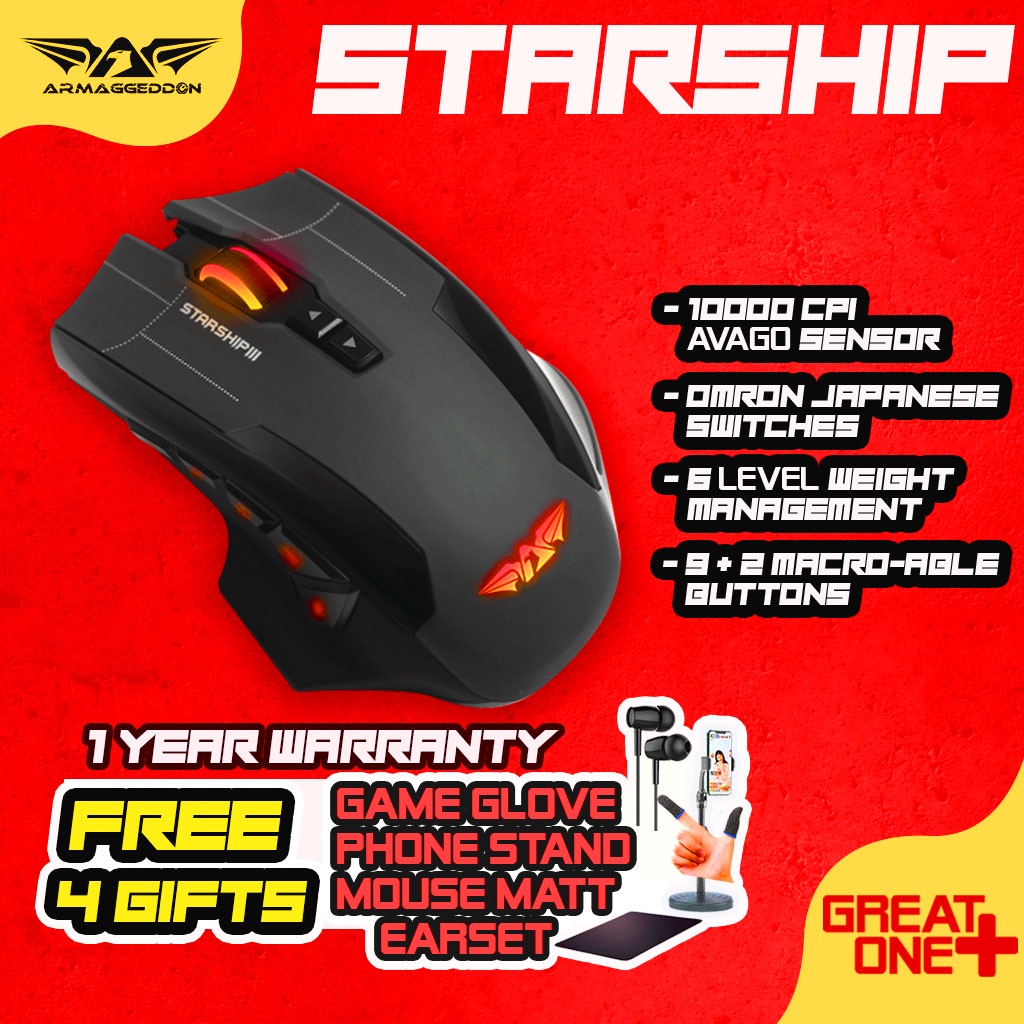 Armaggeddon Starship 3 Macroable 10000 CPI Gaming Mouse 6 Level Weight