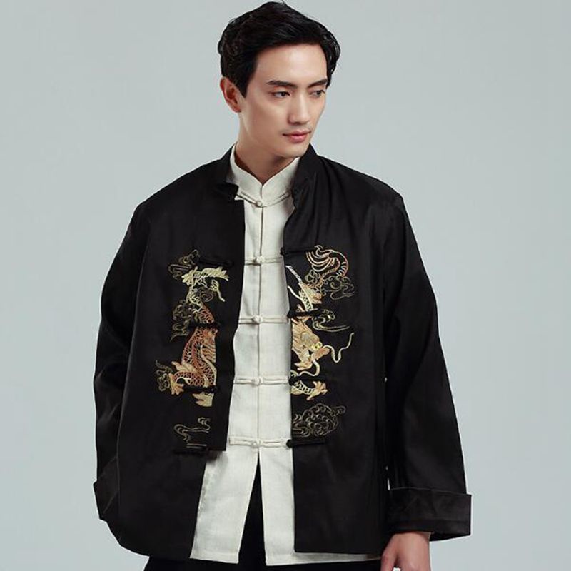 Mens Embroidered Dragon Tang Suit Traditional Chinese Hanfu Tops