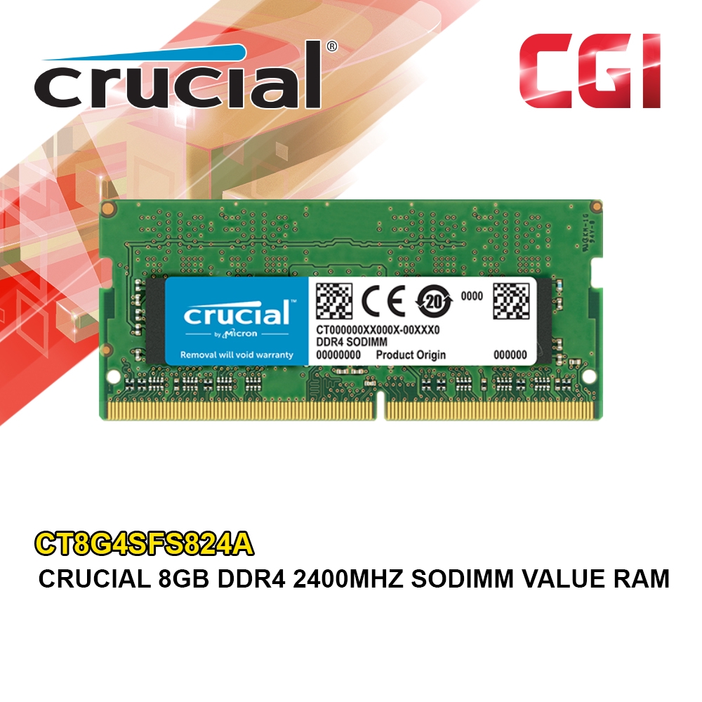 Crucial 8GB DDR4-2400 SODIMM Memory Module (PC4-19200, CL=17, Unbuffered,  NON-ECC, 1.2V), CT8G4SFD824A