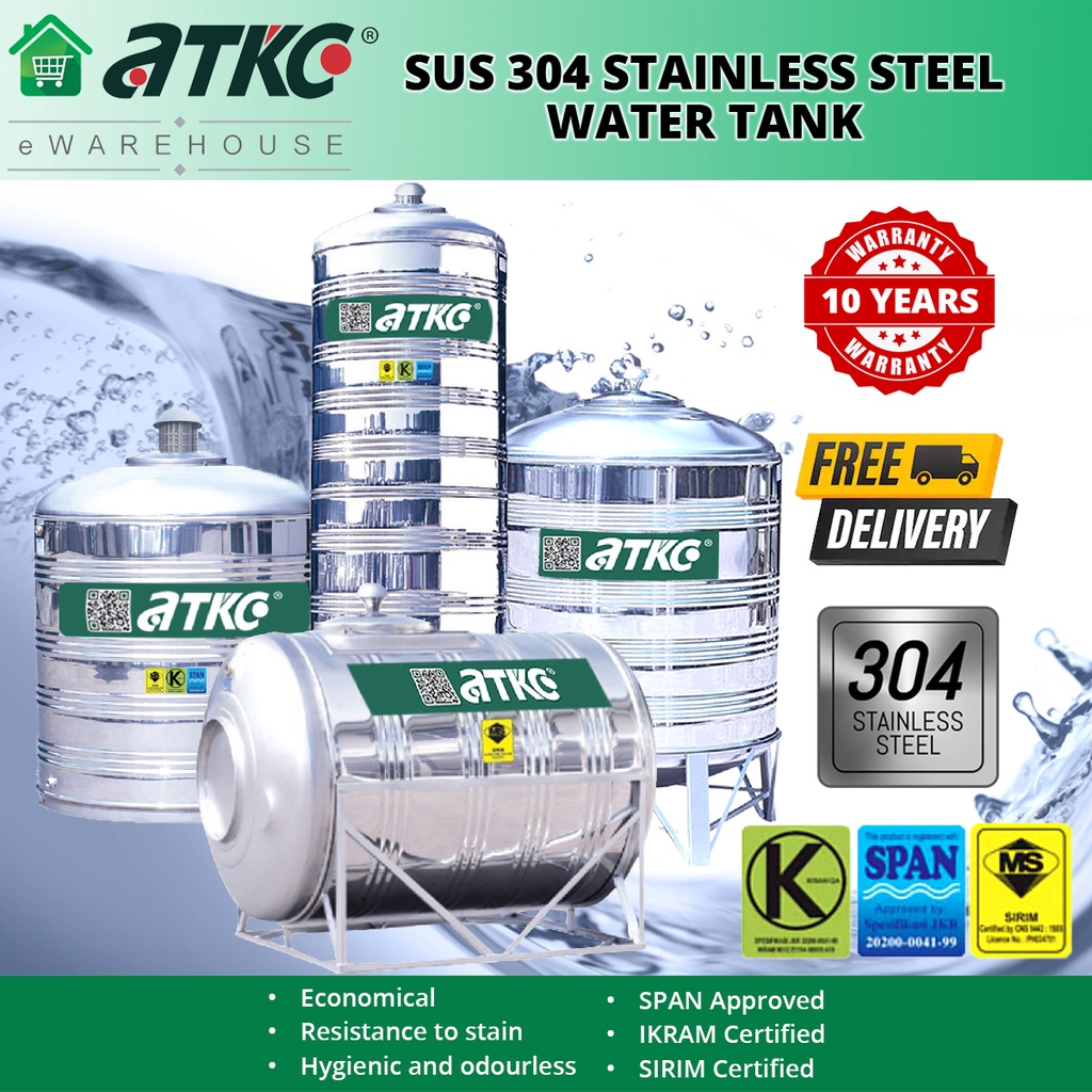 Atkc Stainless Steel Sus304 Water Tank Tangki Air Vertical Horizontal Withwithout Stand 7278