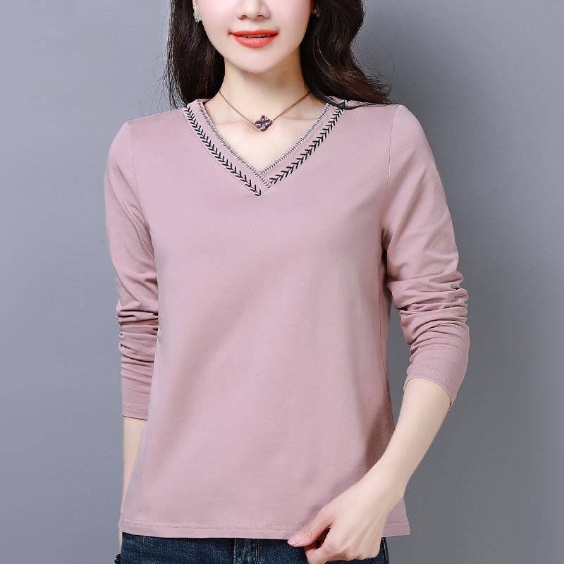 Korean Style T Shirt For Women 2026.Women's Plus Size Korean Style Loose V-neck Long Sleeve T-shirt ...