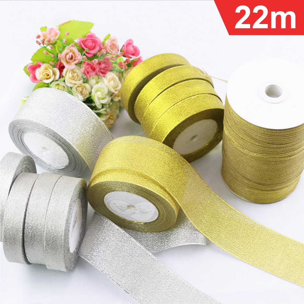 【22m/Roll】GOLD SILVER Glitter Ribbon Satin Shiny Riben Gift Flower ...