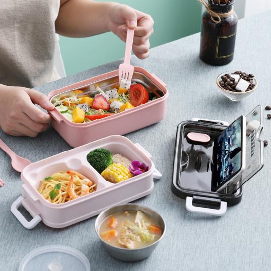 2L Stainless Steel Bento Lunch Box Stackable Lunch Box 3Compartment with  Utensil