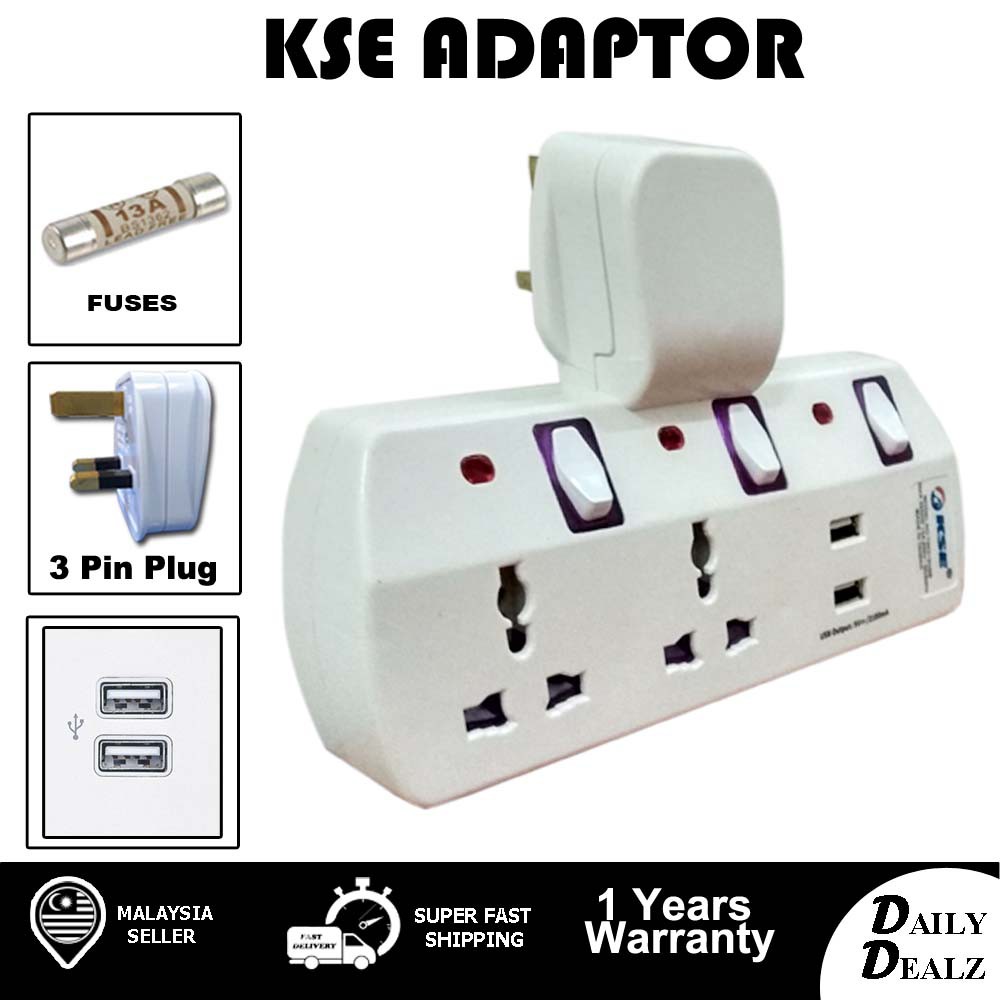 KSE 3 Pin/UK Plug With 2 Ways Multi Universal Socket & 2 USB Port ...