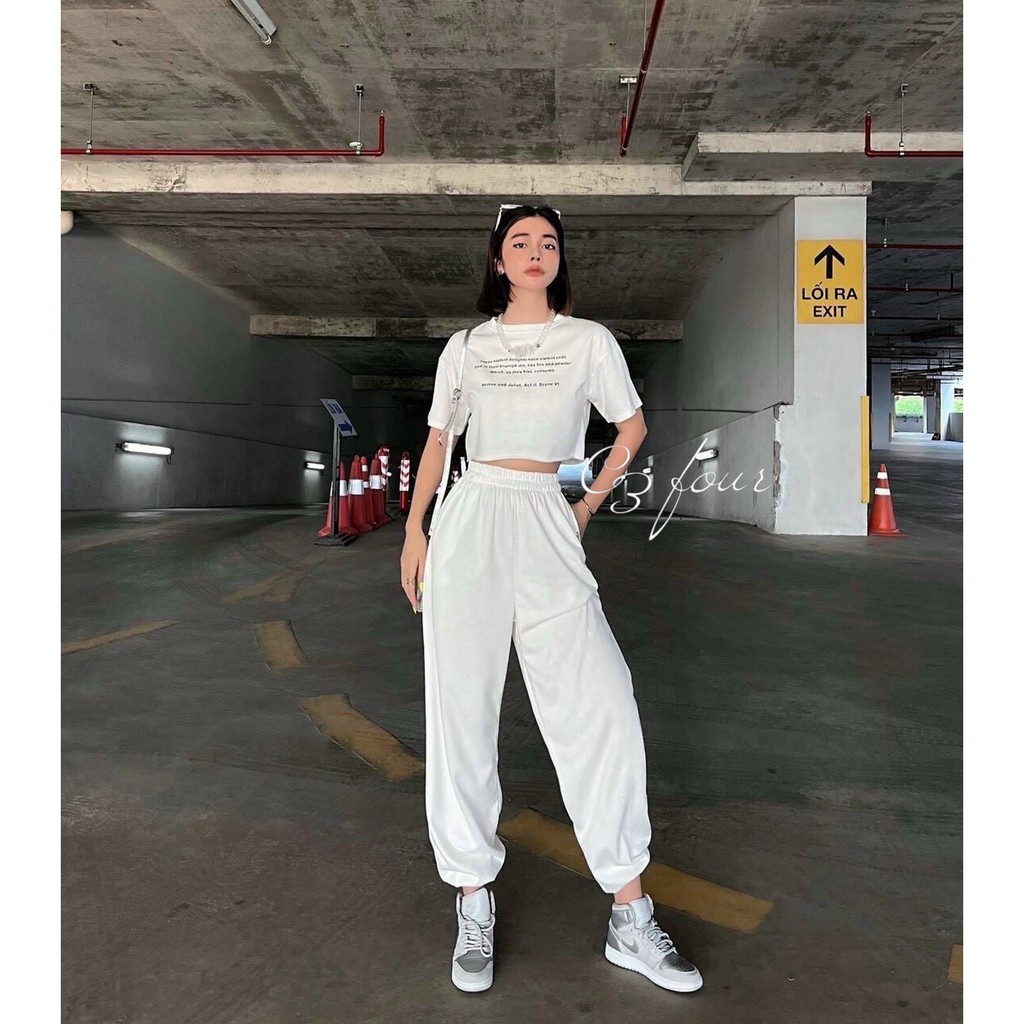 Sport set croptop shirt with white brown jogger pants Shopee