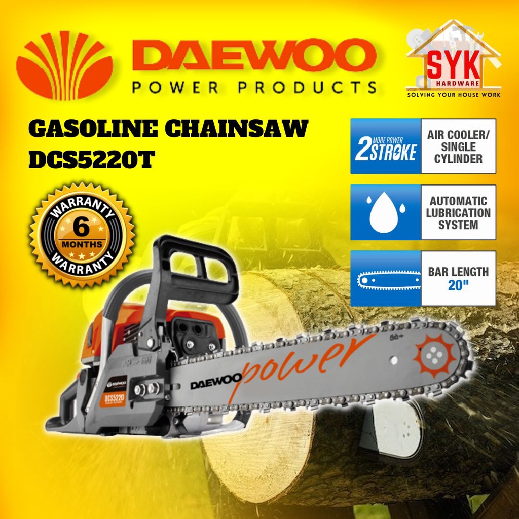 SYK DAEWOO Gasoline Chainsaw 20 Inch 52CC DCS5220T Chainsaw Petrol Mesin Gergaji Dahan Pokok Kayu Pemotong Kayu